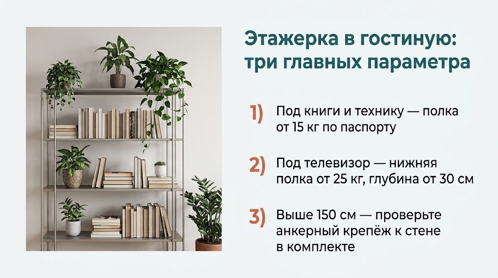 Этажерка в гостиную: три главных параметра
