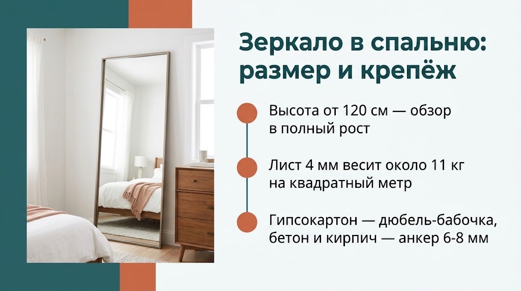 Зеркало в спальню: размер и крепёж