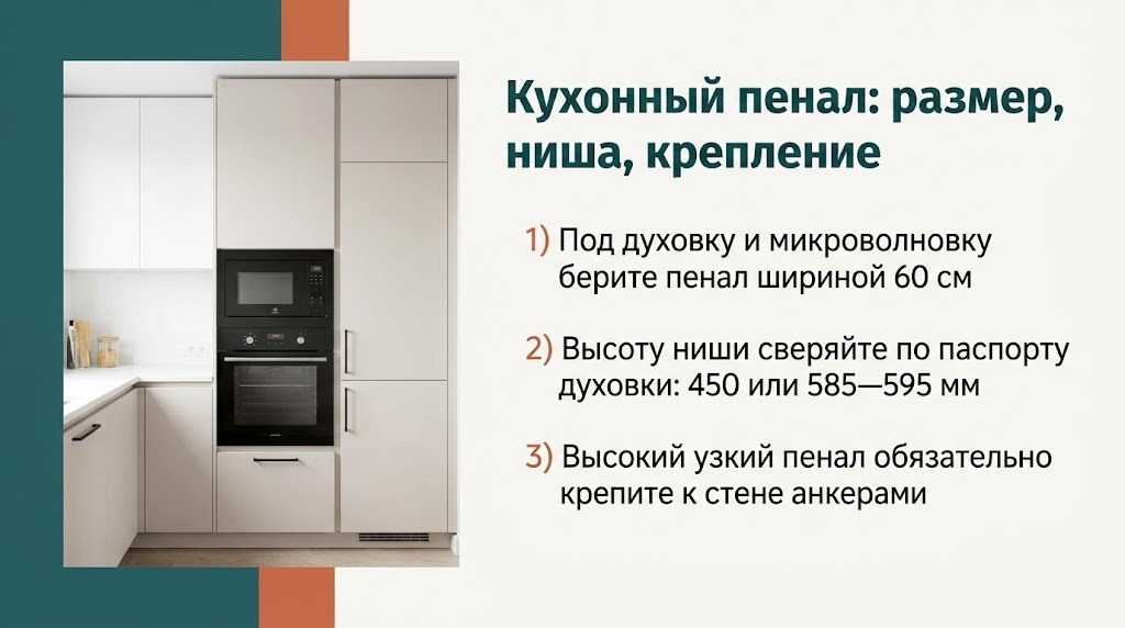 Кухонный пенал: размер, ниша, крепление