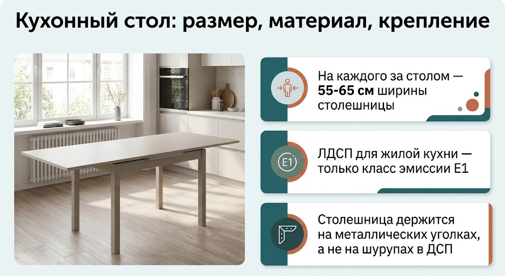 Кухонный стол: размер, материал, крепление