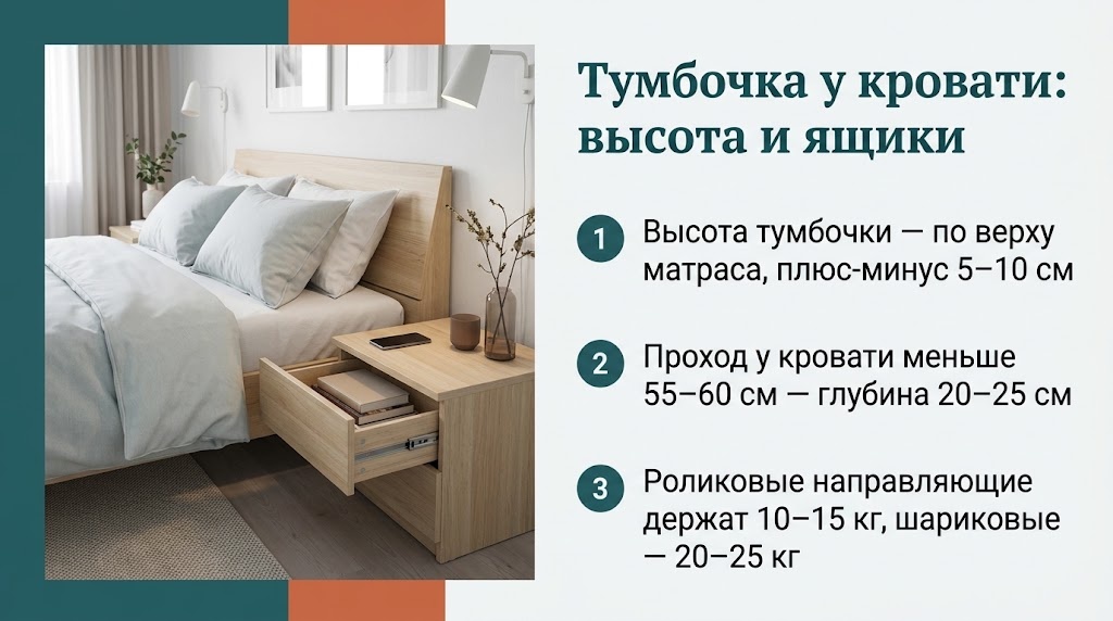 Тумбочка у кровати: высота и ящики