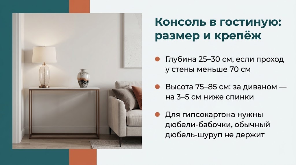 Консоль в гостиную: размер и крепёж