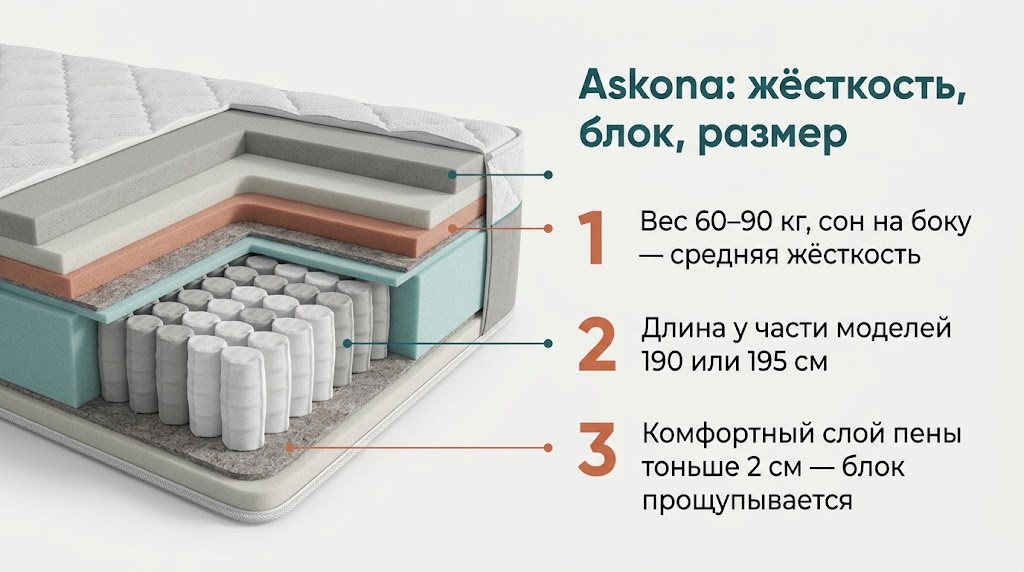 Askona: жёсткость, блок, размер